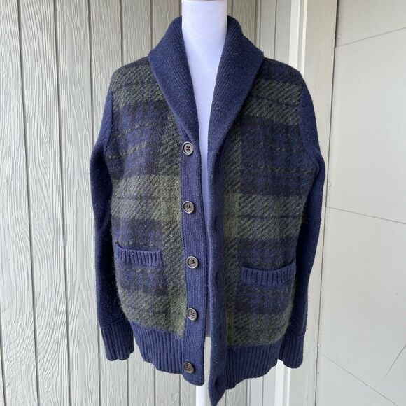 Banana Republic Wool Blend Shawl Collar Cardigan Navy Plaid S/M - Picture 2 of 7